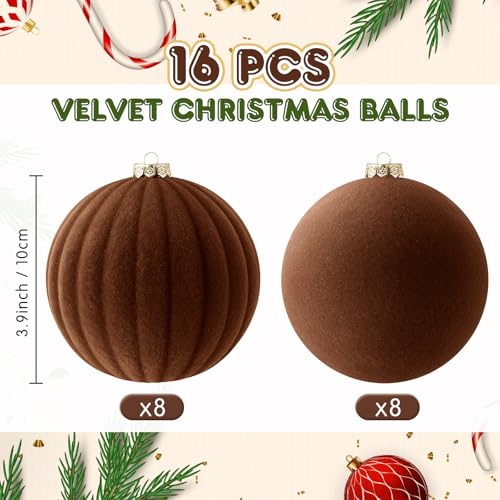 Syhood 16 Pcs 4 Inch Brown Velvet Christmas Ornaments - Holiday Tree Decor