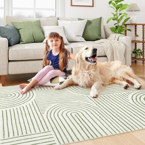 Lahome Green & White 5x7 Abstract Washable Area Rug for Bedroom & Living Room