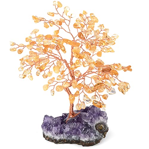 MASGEMES Citrine with Amethyst Cluster Base Crystal Bonsai Tree – 5.6-6.3 in, Feng Shui Money Tree