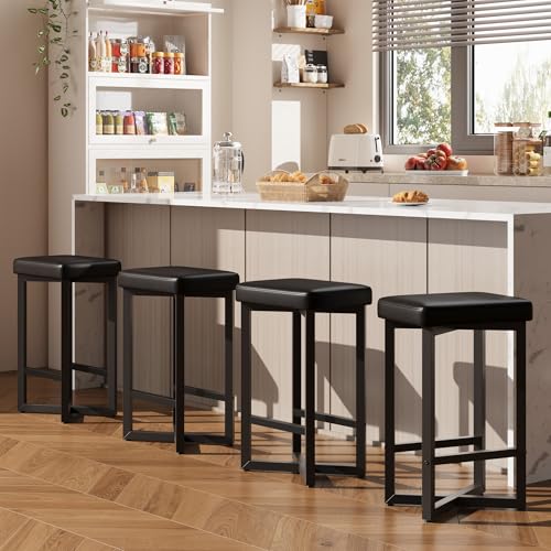 Black Set of 4 24.6-Inch Counter Height Backless Bar Stools - Modern Industrial Design