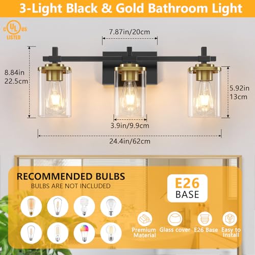 Black and Gold Bathroom Light Fixtures - 3-Lights Vanity Wall Sconces with Square Glass Shades - Variation of THIS listing