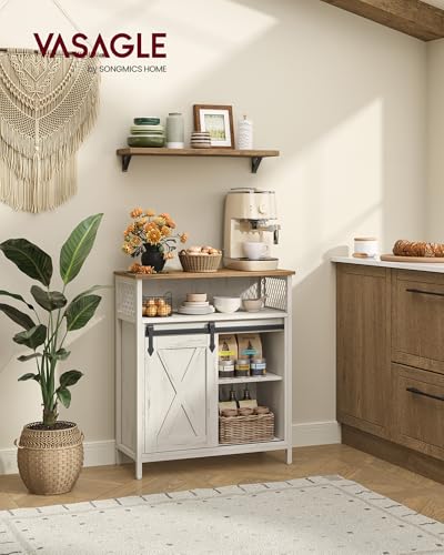 Rustic White and Honey Buffet Cabinet with Sliding Barn Door - No Power Outlet Light - 11.8D x 27.6W x 31.5H - VASAGLE
