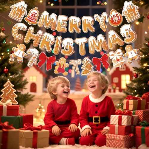 Merry Christmas Banner Gingerbread Christmas Hanging Decoration 3PCS Gingerbread Theme Garland Banner for Holiday Home Office Fireplace Wall Decor Outdoor Indoor Xmas Party Banner