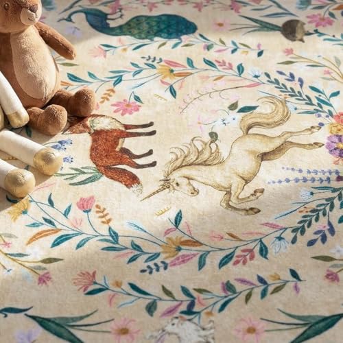 jinchan 8x10 Kids Playroom Rug Washable Woodland Whimsical Unicorn,
