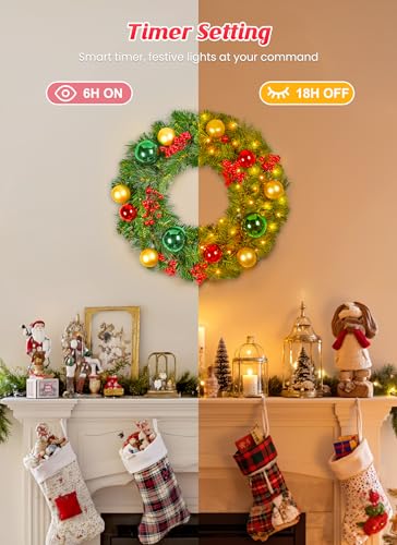 Minetom 24 Inch Pre-Lit Christmas Wreath with 50 LED Warm Lights for Front Door Decor