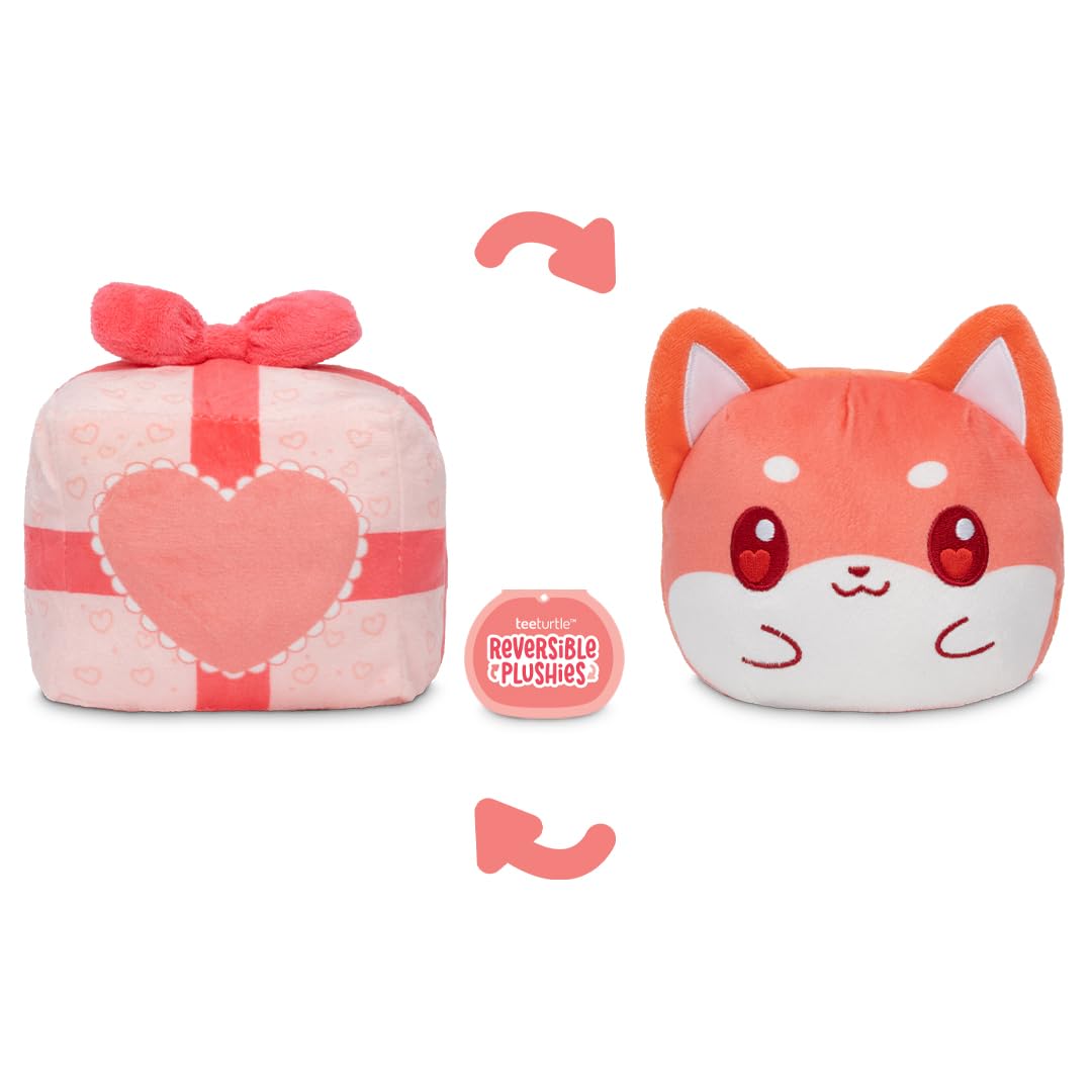 TeeTurtle Shiba Inu Valentine's Day Present Reversible Plushie - 4-Inch Two-Sided Flip Plush Toy with Embroidered Details - Cute Mini Collectible Plush for Kids, Teens, and Adults