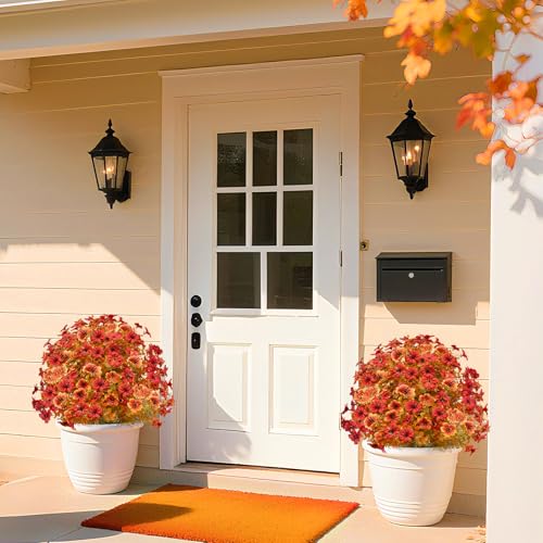 Artificial Fall Mums Topiary Tree Set - 25 Inch Outdoor Faux Greenery with Spike - UV Resistant Garden Decor - Variation of This Listing