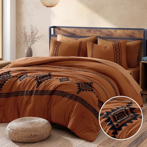 MaiRêve Burnt Orange Queen Embroidery Comforter Set 7 Pieces Bed in a Bag