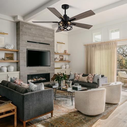 52 Inch Black Farmhouse Ceiling Fan with Lights & Remote - Whisper-Quiet DC Motor