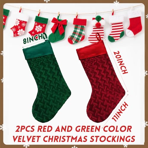 Luxury Satin Christmas Stockings 20-Inch Red and Green Holiday Decor (Set of 2)