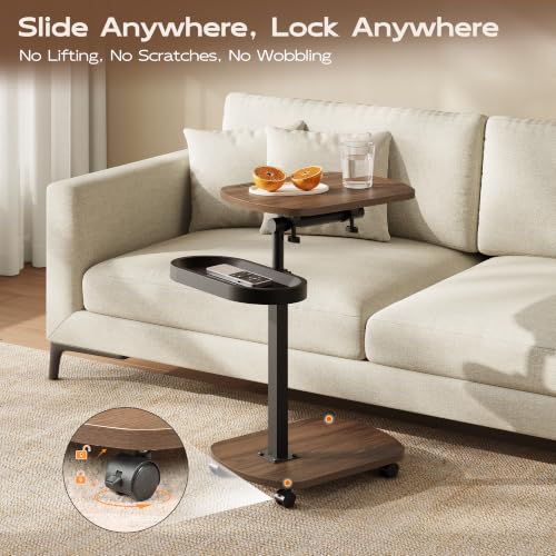 WLIVE C-Shaped End Table with Adjustable Height & Swivel Top - Dark Walnut