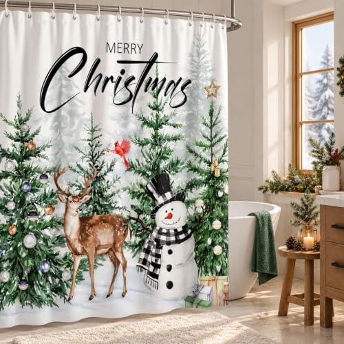 GOAOK Farmhouse Christmas Forest Shower Curtain Set, 72x72 Inches, Green Woodland Snowman Deer Snowflake Holiday Bathroom Decor with Hooks