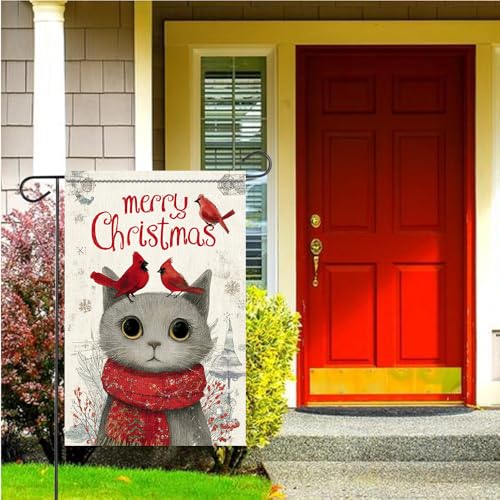 Cmialusie Colorful Christmas Garden Flag 11.81 x 17.72 inch Gray Cat & Red Cardinals Holiday Yard Decor