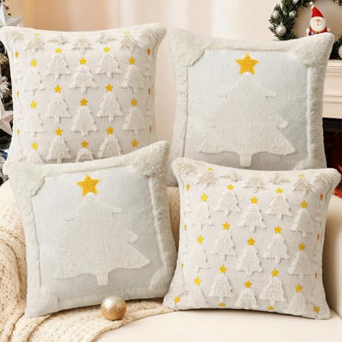 AOLIME Christmas Tree Pillow Covers Set of 2 18x18 Inch Double-Sided Embroidered Faux Fur Holiday Decor