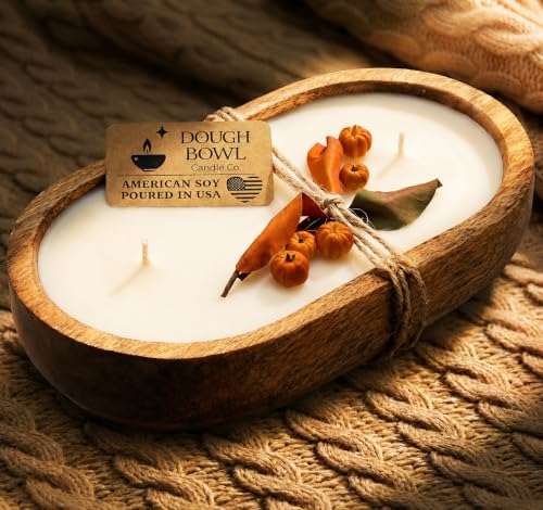Pumpkin Spice Soy Candle in Rustic Wooden Dough Bowl - 3 Wick Fall Decor