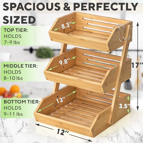 Bamboo 3-Tier Fruit Basket for Kitchen Countertop Storage - Natural & Spacious