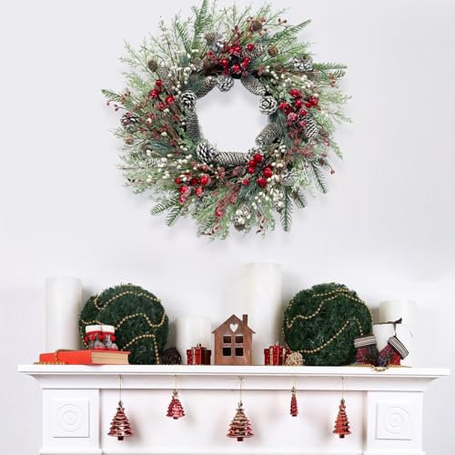 Jobflower 24 Inch Christmas Wreath with Natural Pine Cones, Red Berries & Berry Variant, Indoor Outdoor Holiday Decor