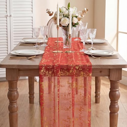 Artoid Mode Red Gold Gauze Table Runner 120in (28x120) Glitter for Christmas & Holidays