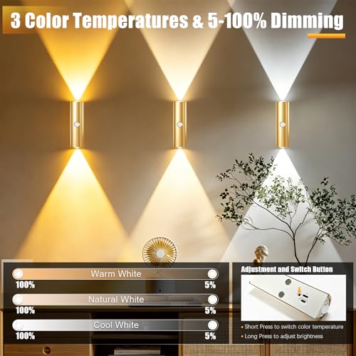 Rechargeable Motion Sensor Wall Light - Gold, 2 Pack, Dimmable, No Wires
