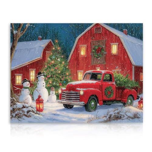 Dazzlewall Winter Truck & Home Canvas Wall Art 12x16 Unframed - Red Christmas Scene