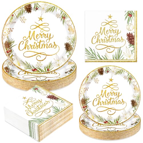 Homlouue Christmas Paper Plates and Napkins, Tree Gold Plate Napkin
