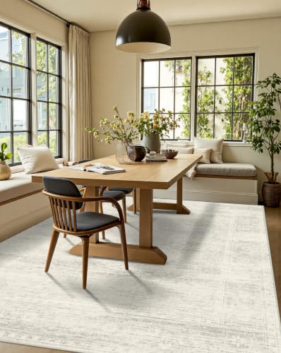 Ivory Washable Area Rug 8x10 for Living Room - Non-Slip Boho Style