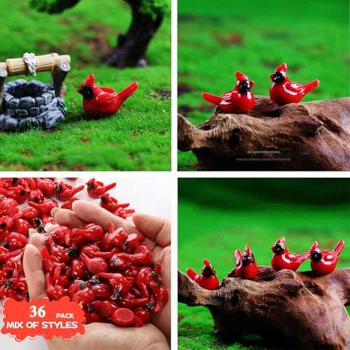 36pcs Mini Resin Red Cardinal Bird Figurines: Cardinal Decor, Mini Christmas Ornaments, Tiny Figurines for Tree, Home Accents, Gift, Garden Crafts
