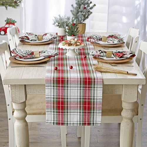DII Holiday Tartan Plaid Table Runner 14x108 Inches Red Green White