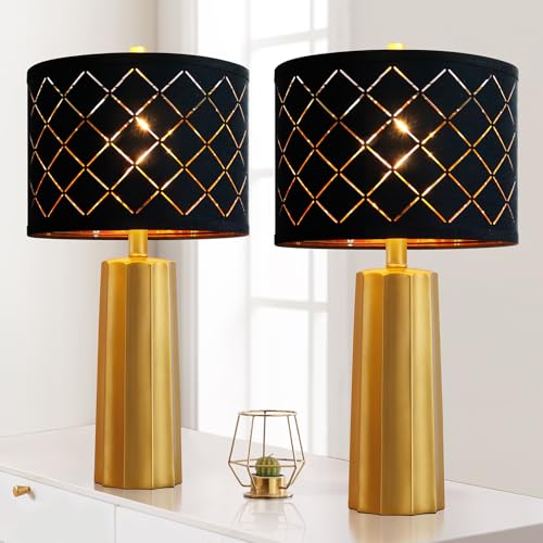 RORIANO Gold Modern Table Lamps Set of 2 with Black Grid Shades - Living Room & Bedroom Decor