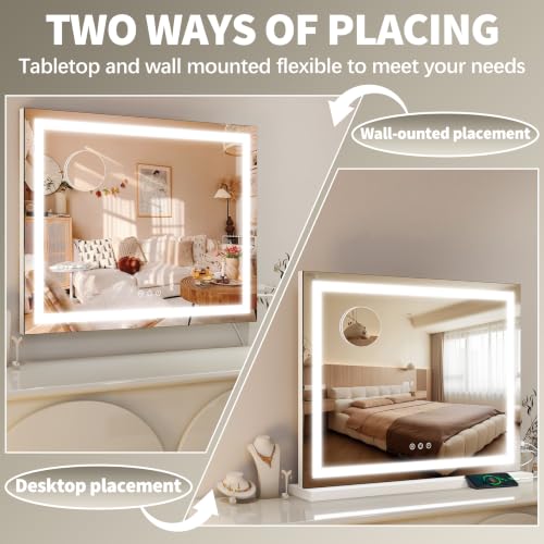 White 23x18 Inch Vanity Mirror with Lights - Adjustable Brightness & 3 Color Modes