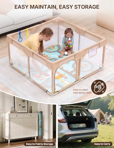 Dripex Baby Playpen with Non-Slip Mat, 47x47 Inches, Cream - Safe & Easy to Install