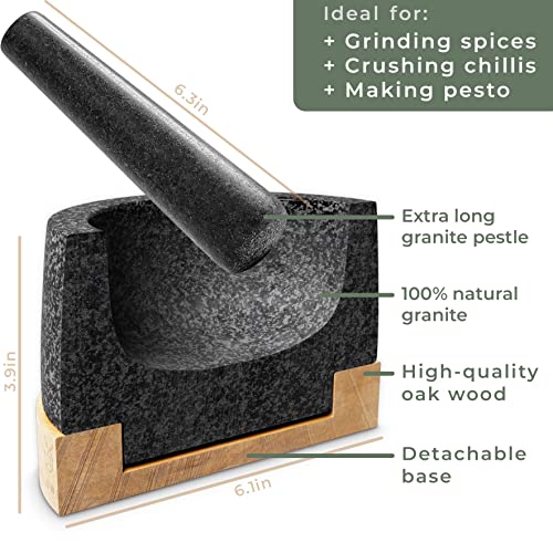 WALDWERK Oak Wood & Natural Granite Mortar and Pestle Set 6.1 Inch - Large Kitchen Grinder for Guacamole