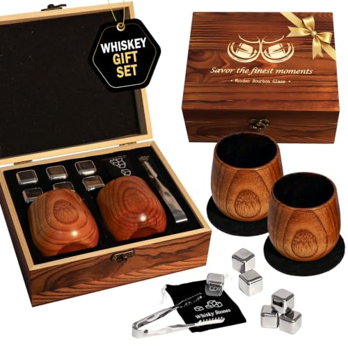 Classic Charred Wooden Whiskey Glass Set - 2 Pack & Accessories for Men