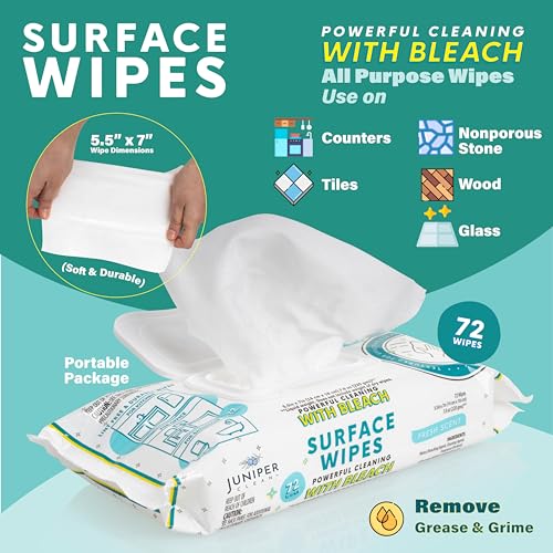 Juniper CLEAN 72 Pack Surface Cleaning Wipes with Bleach - All-Purpose Bathroom & Kitchen Cleaner, 1728 Count, Fresh Scent