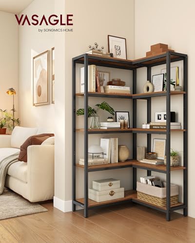 VASAGLE Rustic Brown & Ink Black 5-Tier Corner Bookshelf, 40.2 x 9.4 x 55.9 in, Convertible Storage Solution