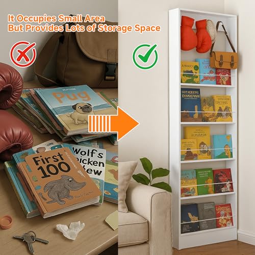 Kids Behind Door Bookshelf - 5-Tier Wooden Bookcase for Kids Room, White, 23.6''L x 3.94''D x 72.85''H