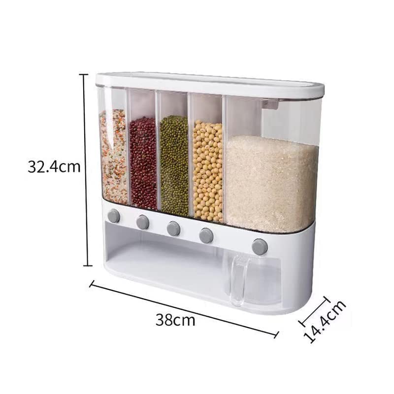 Xilei Wall-Mounted 5-Grid Dry Food Dispenser A2, 25lb Grain Storage with Measuring Cup