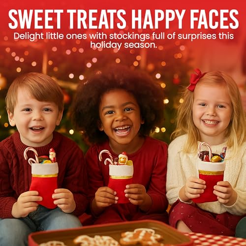 Iconikal 24-Pack Mini Christmas Stockings Red Felt 5x6.25-Inch Gold Ribbon Holiday Decor Ornaments Utensil Holders Wine Bottle Toppers Craft Bulk Pack