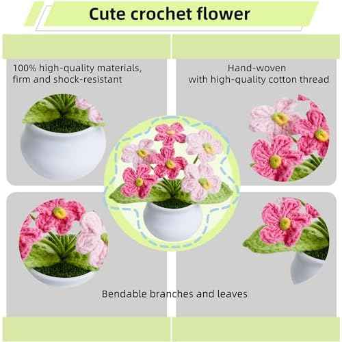 Crochet Flowers Pink Handmade Knitted Potted Flower Plants for Women Coworkers Birthday Anniversary Thanksgiving Christmas Cute Decor for Desk Home Office Accessories Decorations