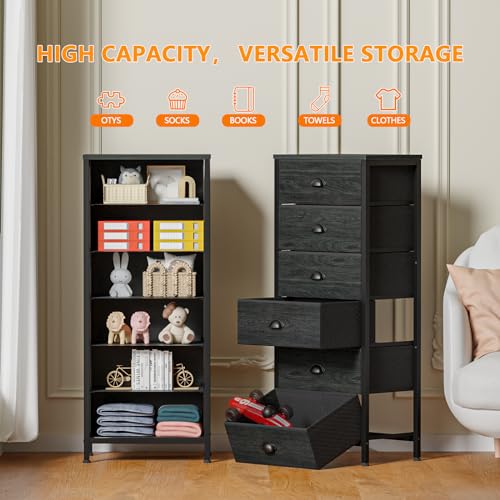 Furnulem Black Fabric Dresser with 6 Drawers - Tall Bedroom Storage, 11.5"D x 16"W x 39.6"H