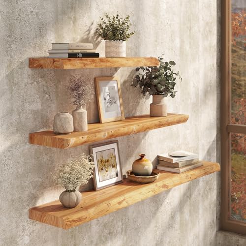 Realgulf 24-Inch Natural Elm Floating Shelves Set of 2 - Live Edge Rustic Wall Storage