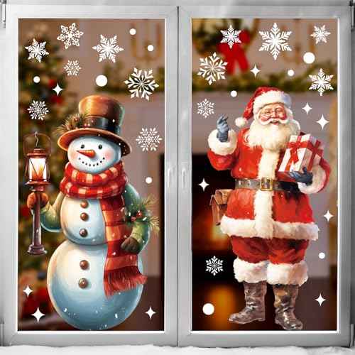 CCINEE Extra Large Christmas Window Clings, 2 Sheets Double-Sided Holiday Window Stickers Snowflakes Santa Claus Snowman Decals for Home Holiday Indoor Office School Decorations