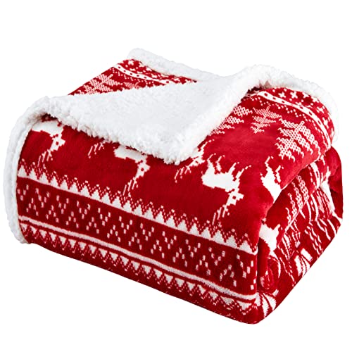 Touchat Red Sherpa Christmas Throw Blanket 50x60in Reindeer Fuzzy Cozy Decor