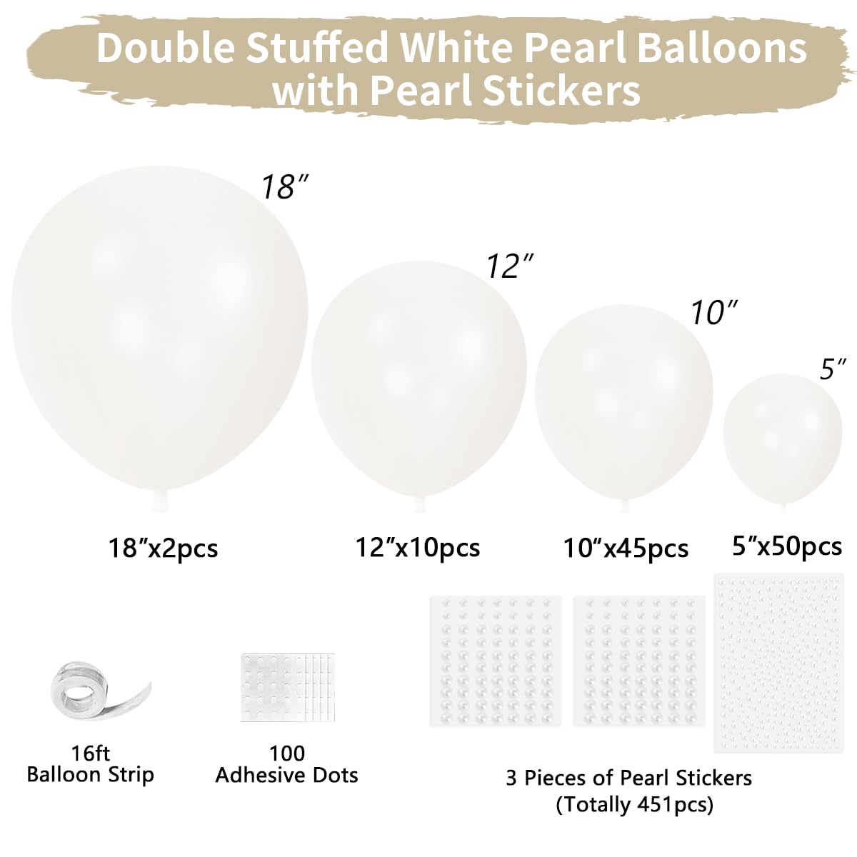 JZCZOEB Double Stuffed Pearl White Balloons Different Sizes 116Pcs 5/10/12/18 Inch White Balloons Arch Garland Kit with Pearl Stickers for Wedding Bridal Shower Birthday Baby Shower Birde to Be