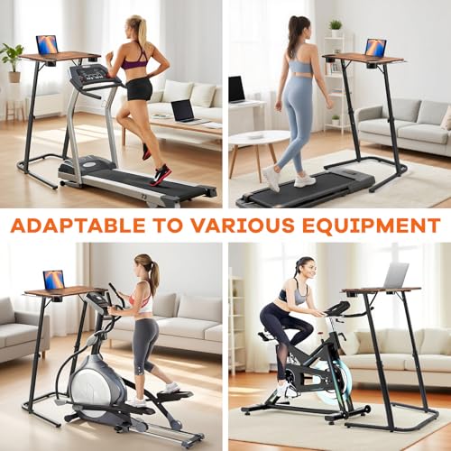 HOMELYM Brown Adjustable Treadmill Desk for Standing and Sitting - Small Standing Desk with Cup Holders & Towel Rack