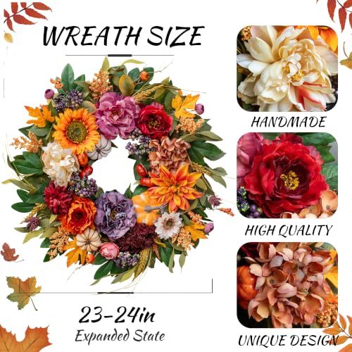 24 Inch Fall Wreath for Front Door Autumn Harvest Decor Lifelike Flowers
