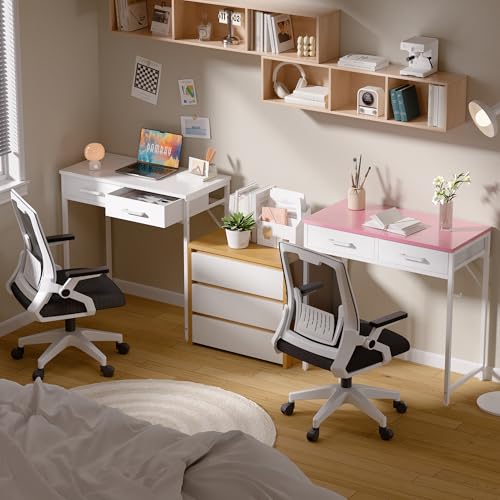 Pamray White 32-Inch Small Computer Desk with 2 Fabric Drawers for Small Spaces
