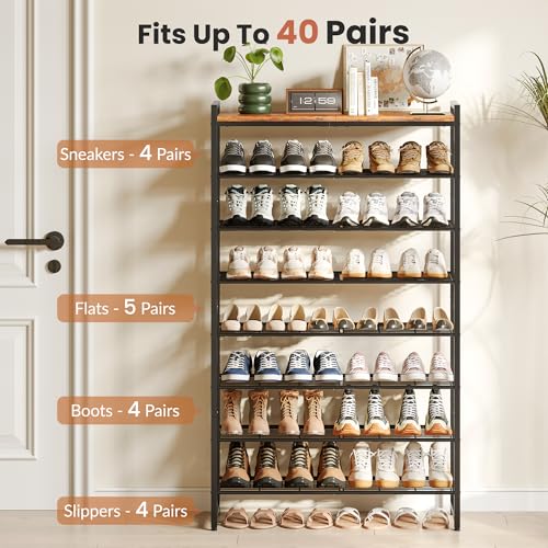 Rustic Brown and Black 8-Tier Shoe Rack Organizer for 32-40 Pairs - Tall Metal Storage Shelf with Wood Top, Adjustable Boot Space, Narrow Entryway Closet