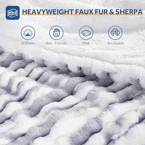 Queen Size Electric Blanket with Faux Fur & Sherpa - Blue White, 84x90 Inches - Safety & 10 Heat Levels