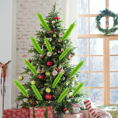 Bosctanuc 12 Pcs Green 14in Furry Pampas Grass Picks Christmas Tree Toppers & Vase Fillers - Lime Green Yuletide Decor (Variant 12)